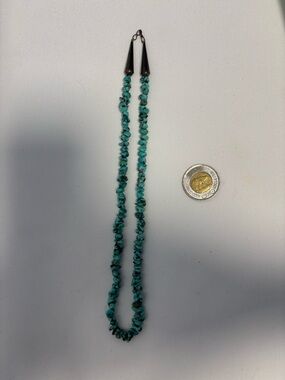 Turquoise Single Strand Necklace with Sterling Silver Cones (stamped) 20”